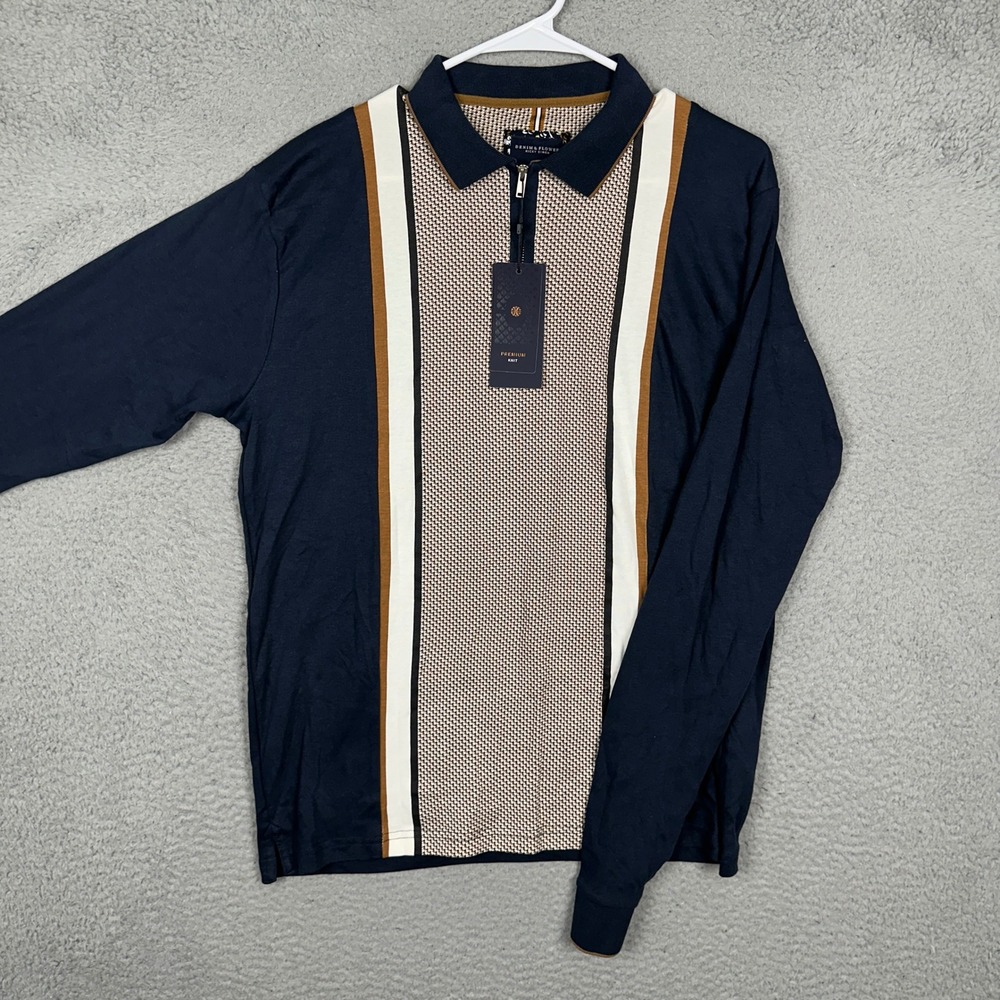 NEW Denim Flower Polo Shirt Mens Medium Navy Blue Striped Quarter Zip Pullover
